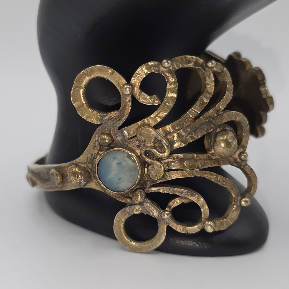 VTG Brass Cuff Blue Stones Cabochons Modernist Artisan Statement Bracelet 75g - Picture 2 of 16